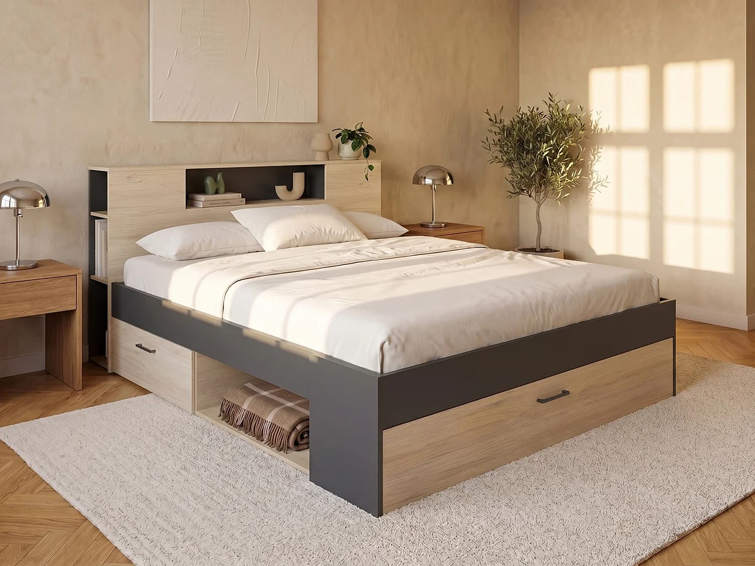 Lit avec tête de lit rangements et tiroirs - 140 x 190 cm - Coloris : Naturel et anthracite - LEANDRE