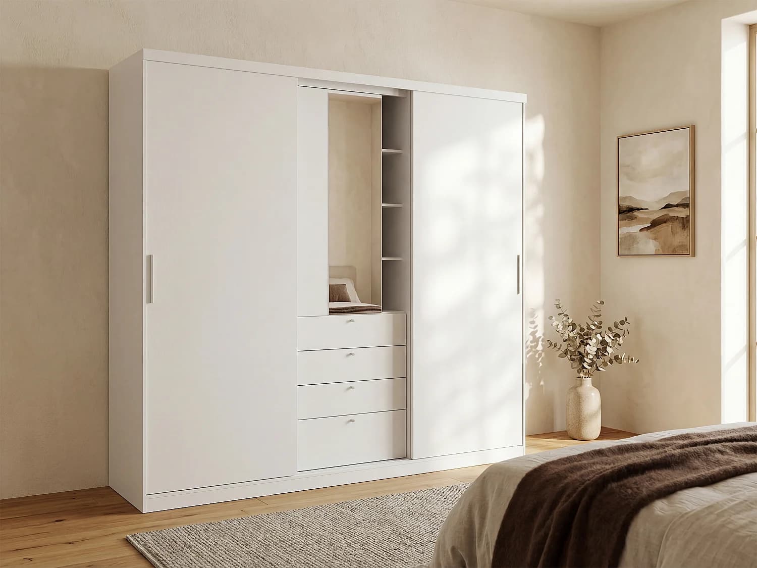 Armoire 2 portes coulissantes - Miroir et tiroirs - L240cm - Coloris : Blanc - BODIL