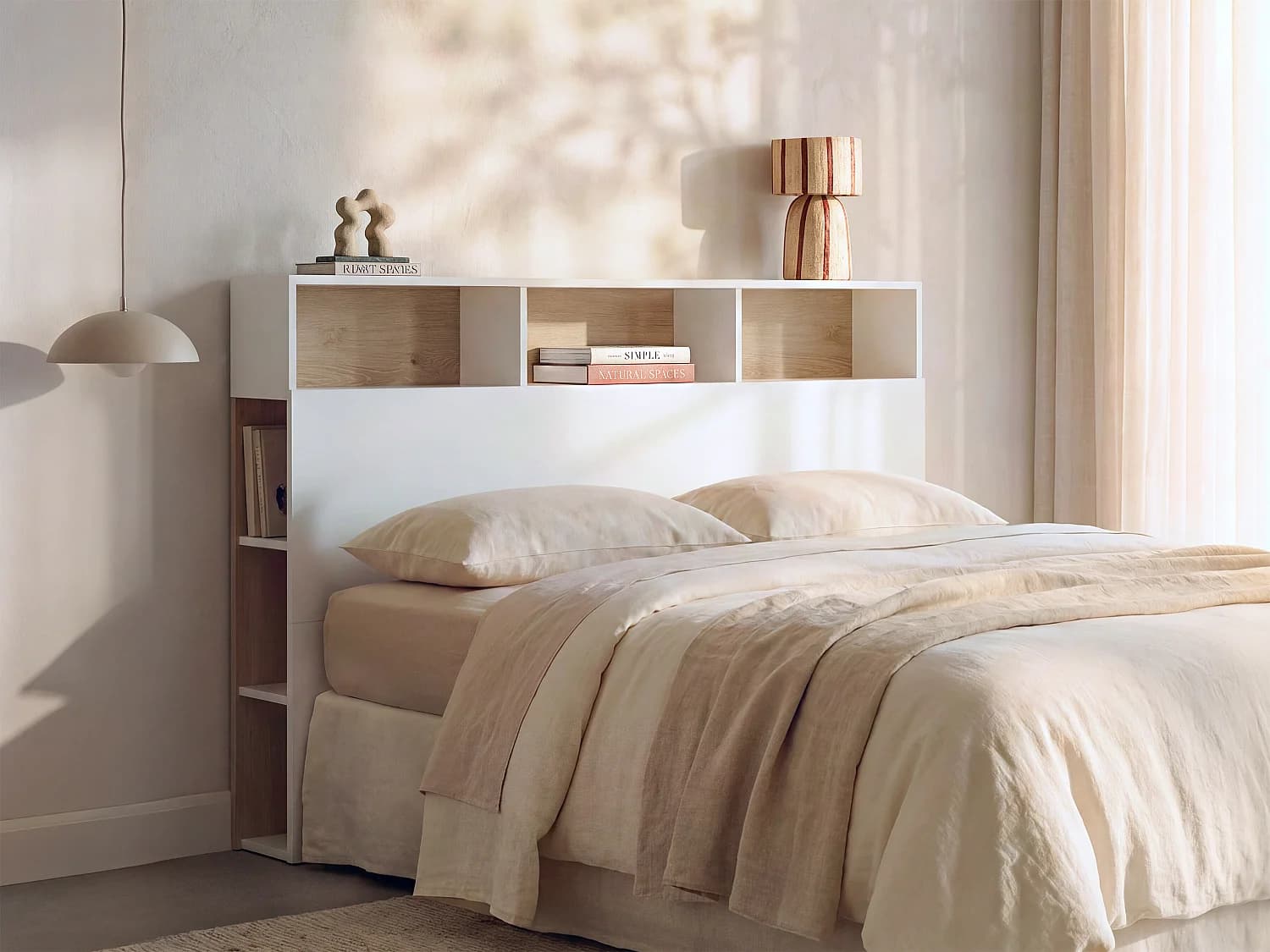 Tête de lit avec rangements NASTIA - 160 cm - Blanc et chêne