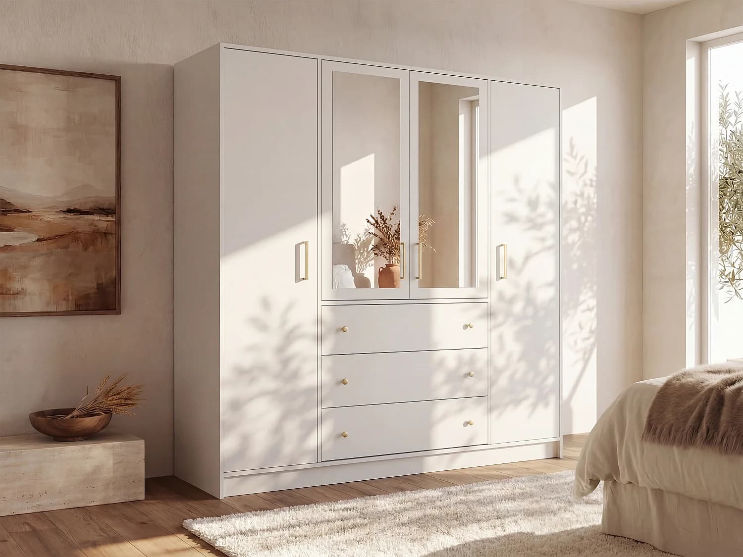 Armoire 4 portes et 3 tiroirs - Avec miroirs - L196 cm - Blanc - LIZANDRO