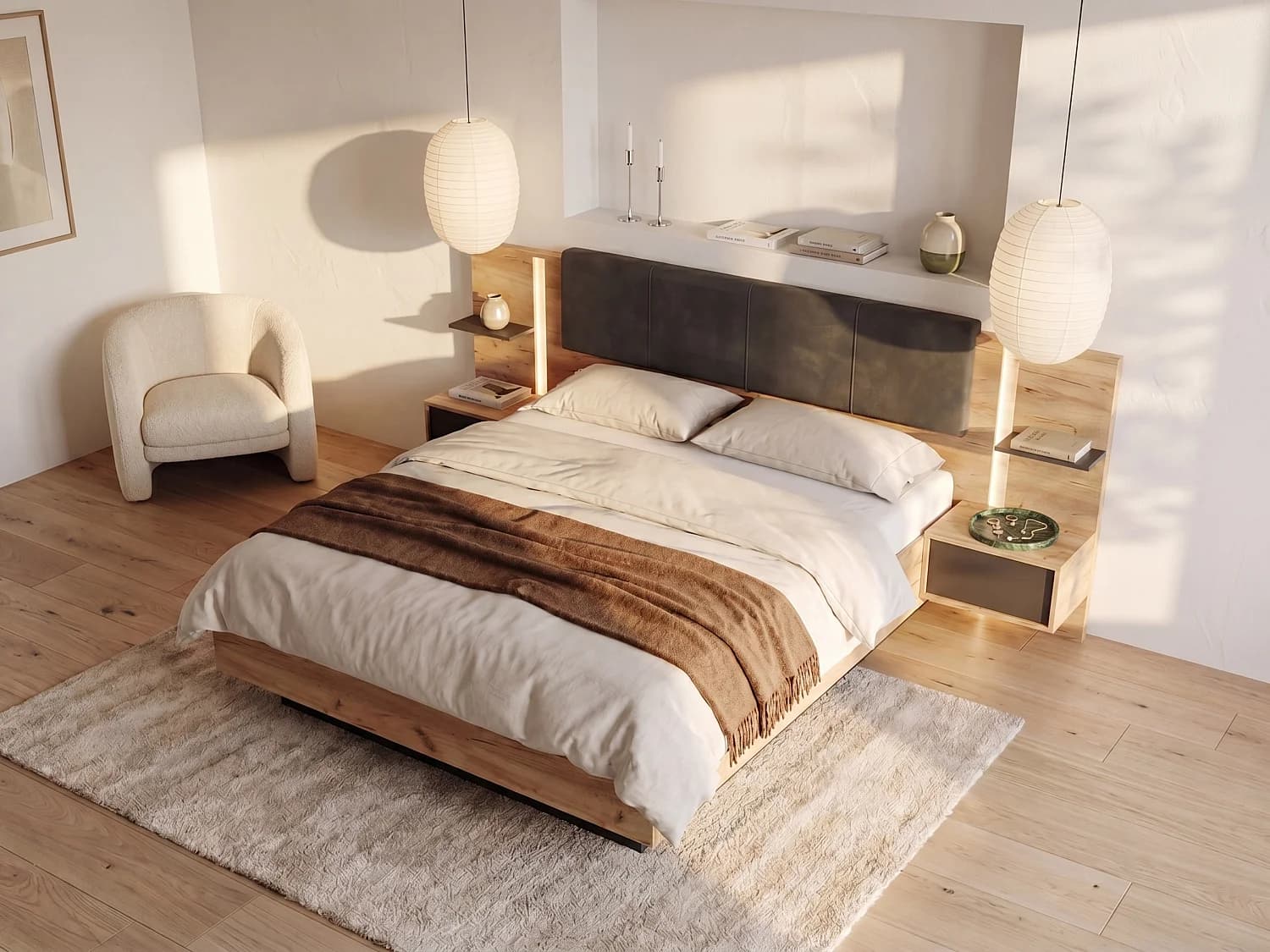 Lit avec chevets 140 x 190 cm - Avec LEDs - Coloris : Naturel et anthracite - ELYNIA