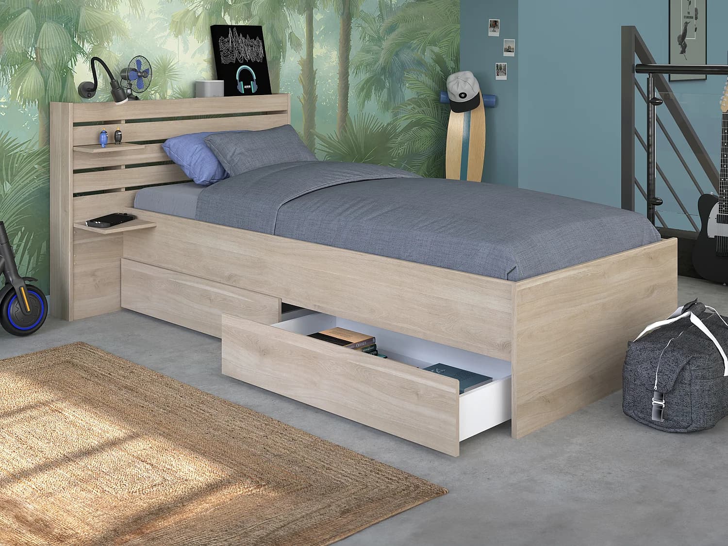 Lit 90 x 190/200 cm avec rangements - Coloris : Naturel - TENALIA