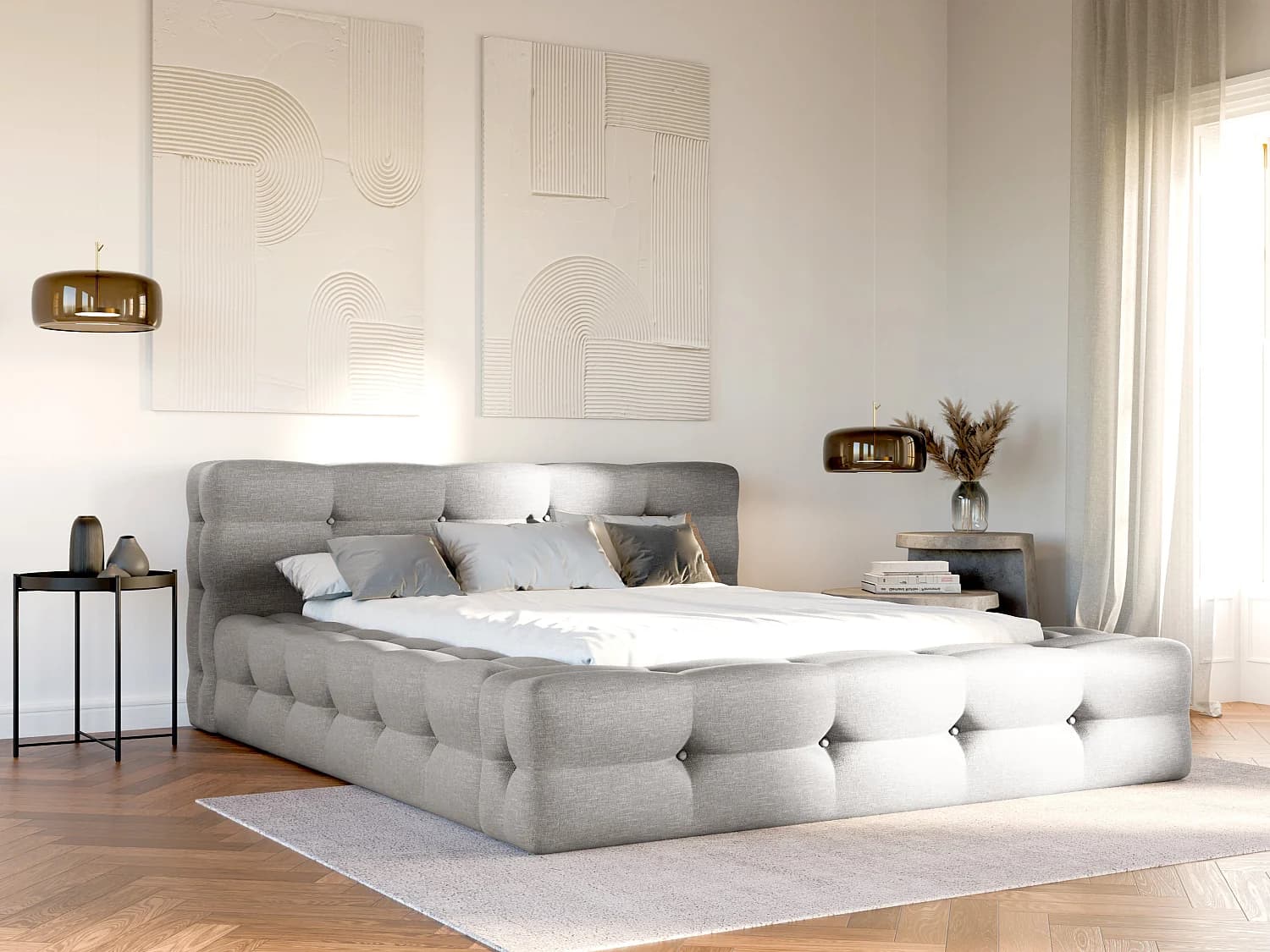 Lit capitonné 160 x 200 cm - Tissu chiné - Gris clair - LERUCO
