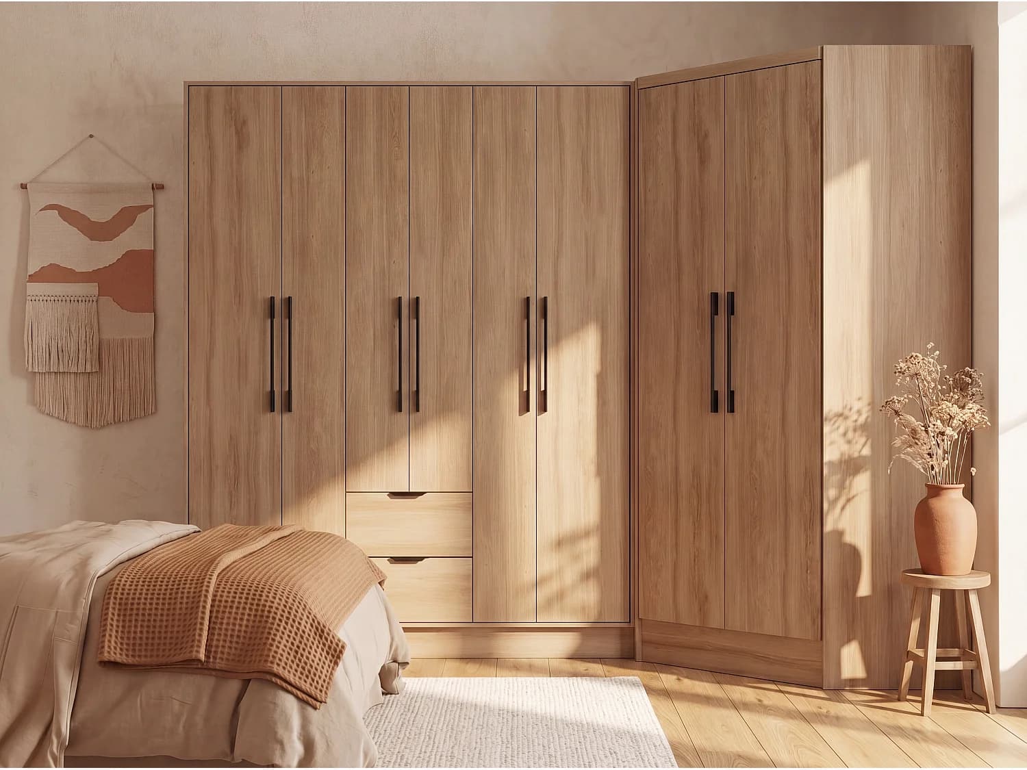 Armoire d'angle 8 portes et 2 tiroirs - L263 cm - Coloris : Naturel - FEOVA