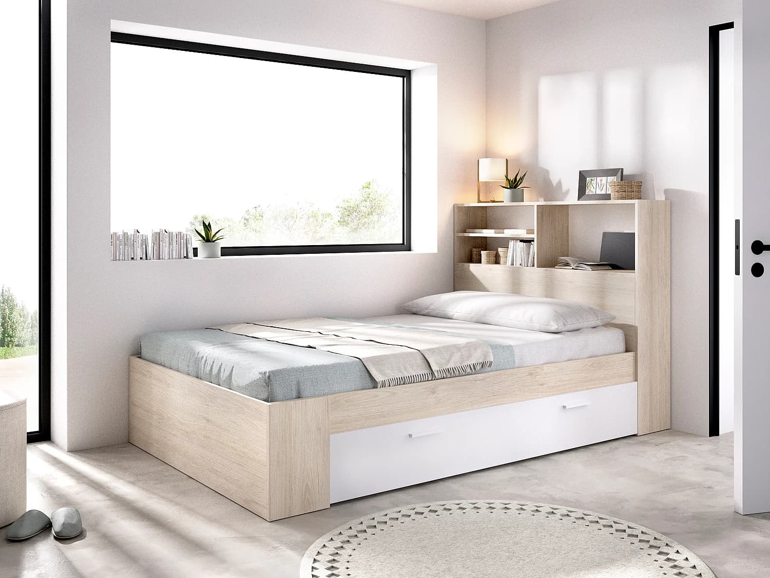 Lit 120 x 190 cm avec rangements - Coloris : Naturel et blanc - VARDIEL
