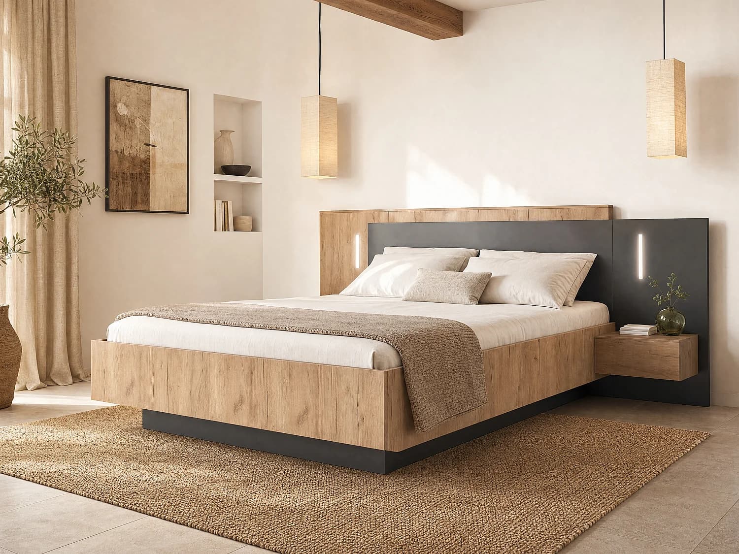 Lit avec chevets 160 x 200 cm - 2 tiroirs - Avec LEDs - Coloris : Naturel et anthracite - FRANCOLI