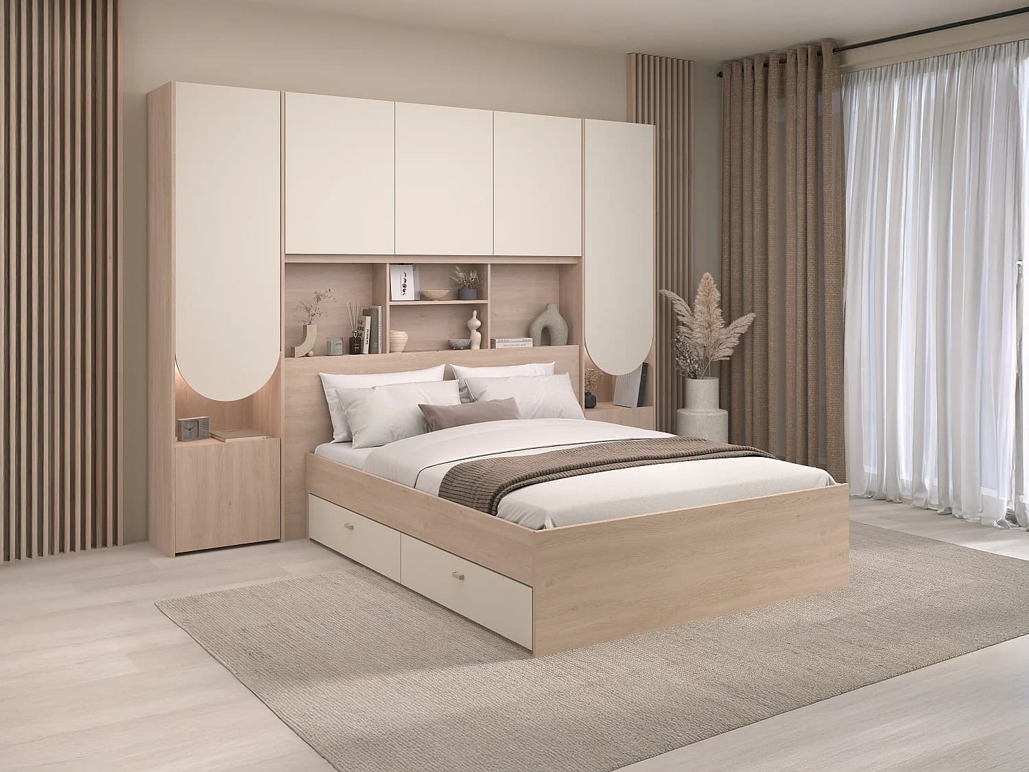 Lit pont 140 x 190 cm avec rangements - Avec LEDs - Coloris : Beige et naturel - DOMELITO