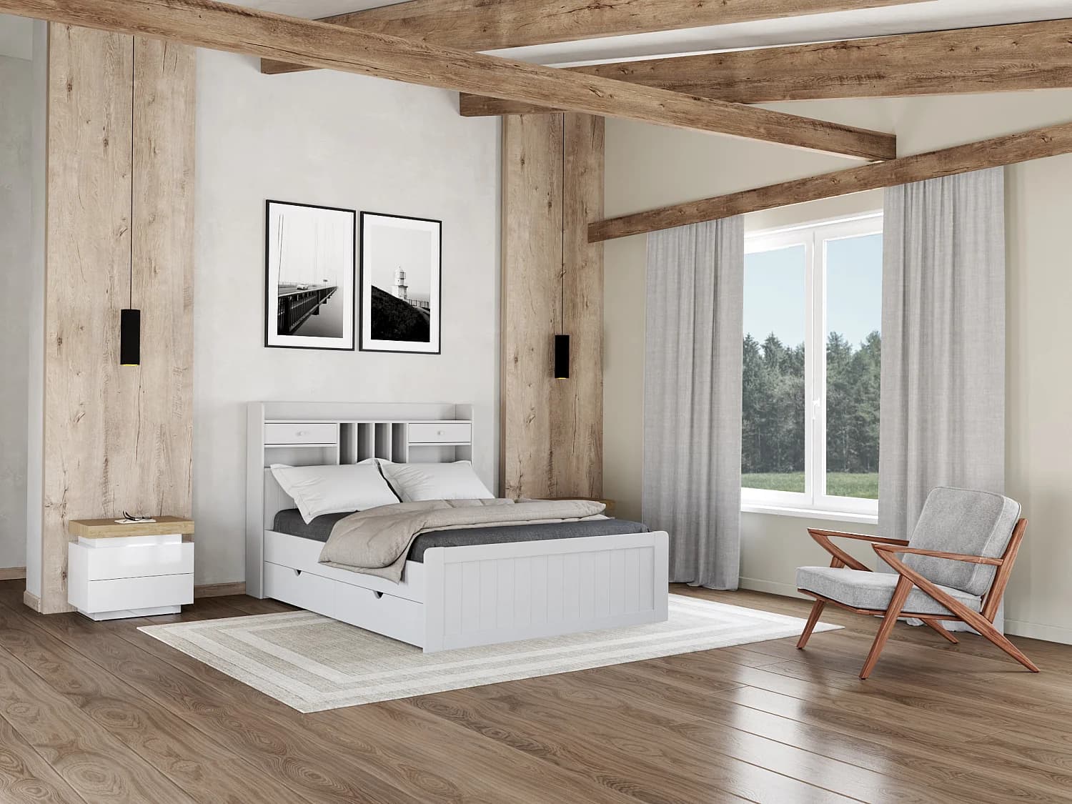 Lit avec rangements 140 x 190 cm - Blanc - MEDERICK