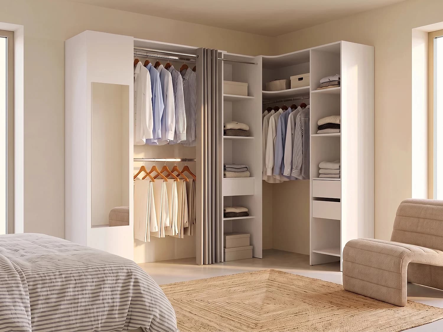 Dressing d'angle avec rideau et 1 porte - Avec miroir - L231 cm - Blanc et gris - BERTRAND
