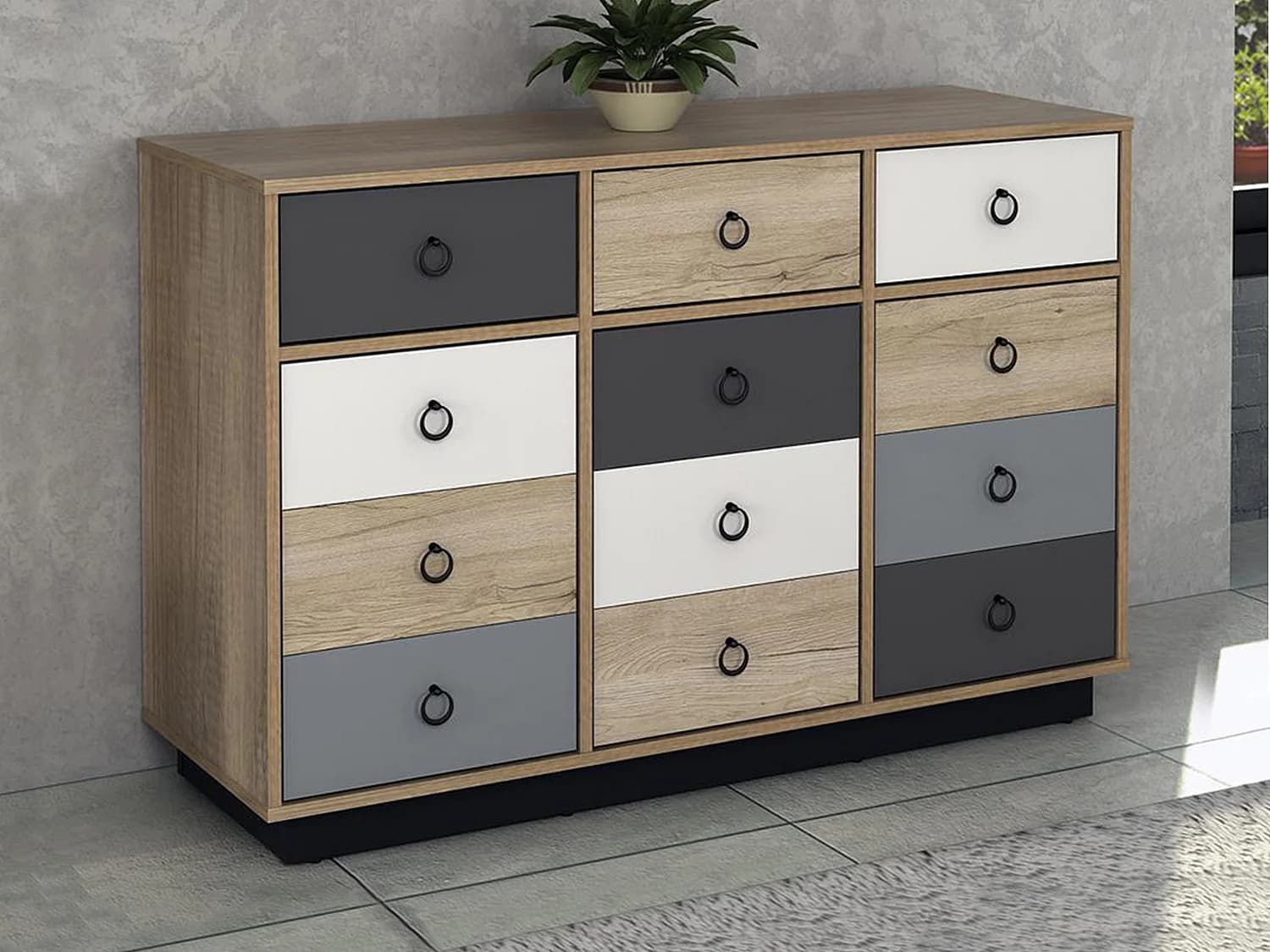 Commode KRYPTON - 3 tiroirs et 3 portes - Coloris : chêne, blanc et gris