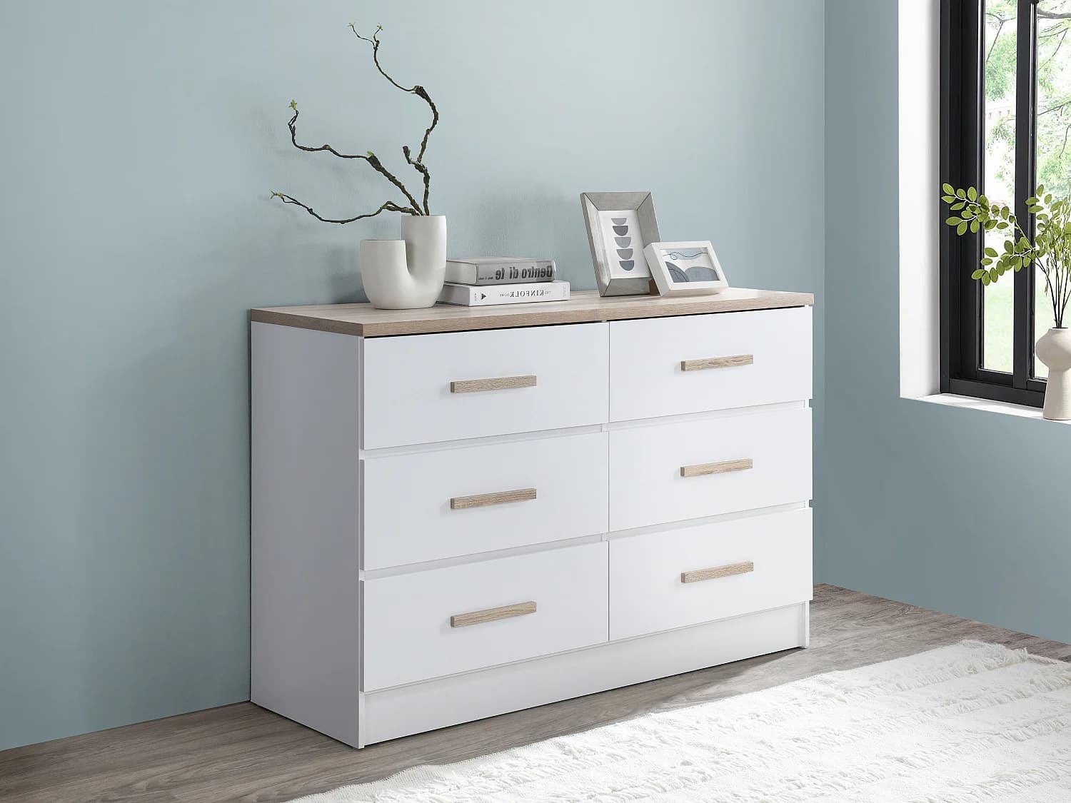 Commode 6 tiroirs - Blanc et naturel - SKAIDO