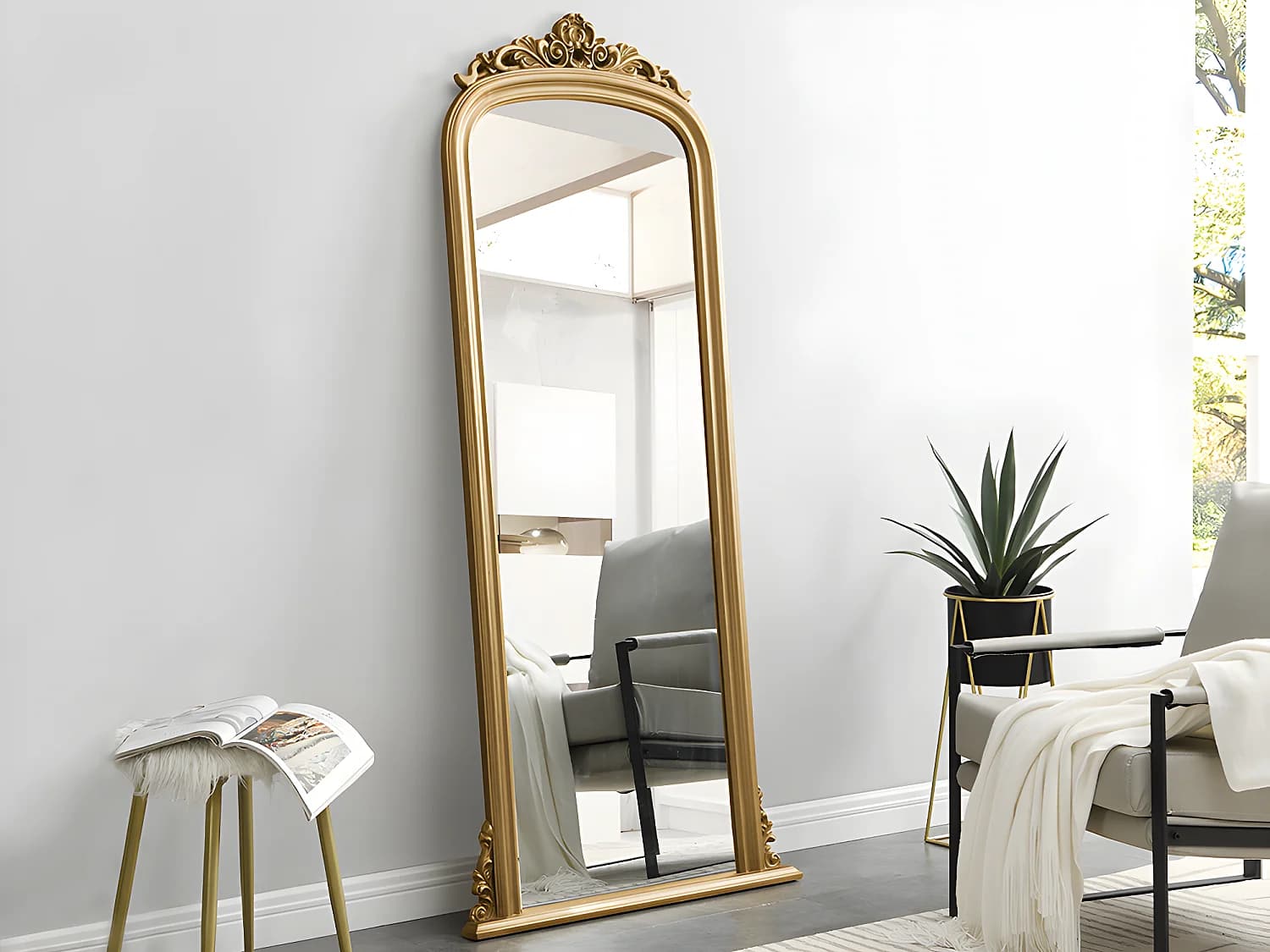 Grand miroir en bois de paulownia avec moulures - H.180 cm - Doré - MERRY