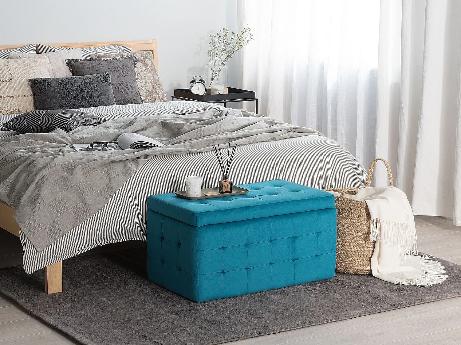 Pouf de rangement MICHIGAN Velours Bleu azur