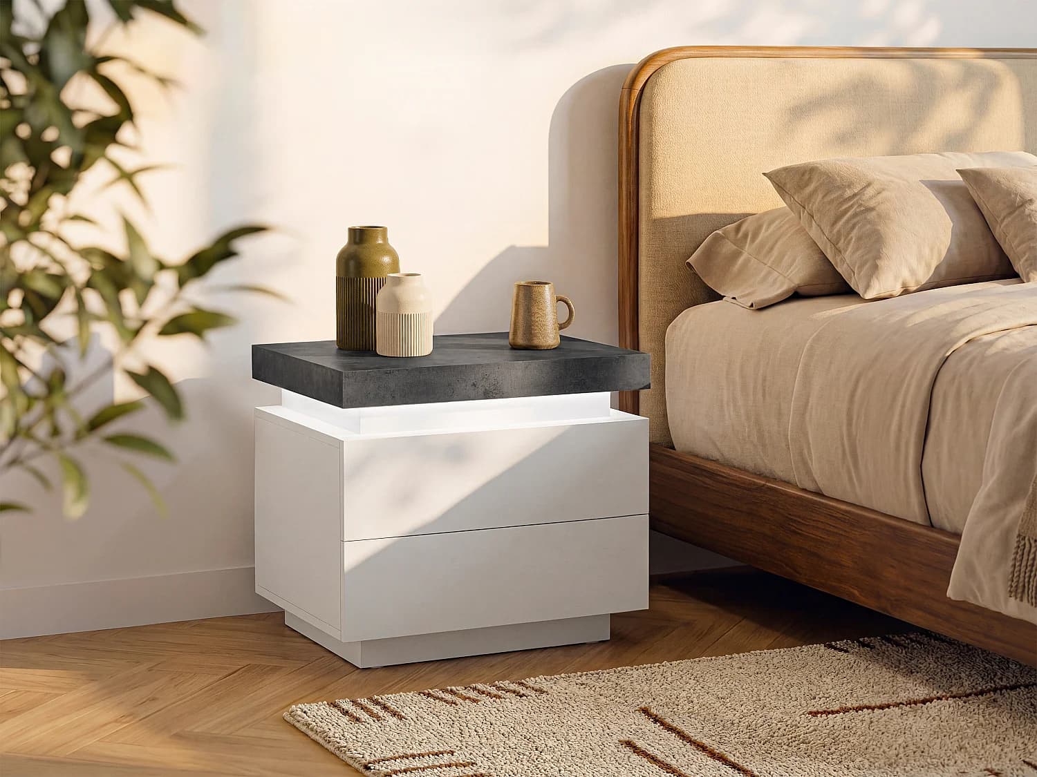 Lot de 2 tables de chevet - 2 tiroirs - MDF Laqué - Avec LEDs - Coloris : Blanc et béton - HALO II