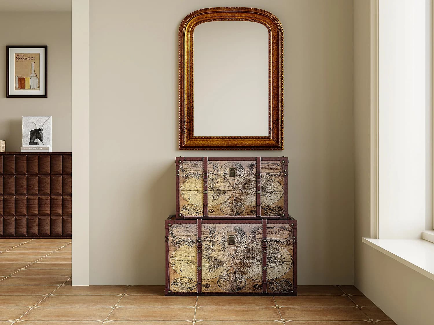 Lot de 2 malles en bois motif carte du monde - L. 69 x P. 43 x H. 40 cm et L. 59 x P. 36 x H. 33 cm - Marron - AVENTURA
