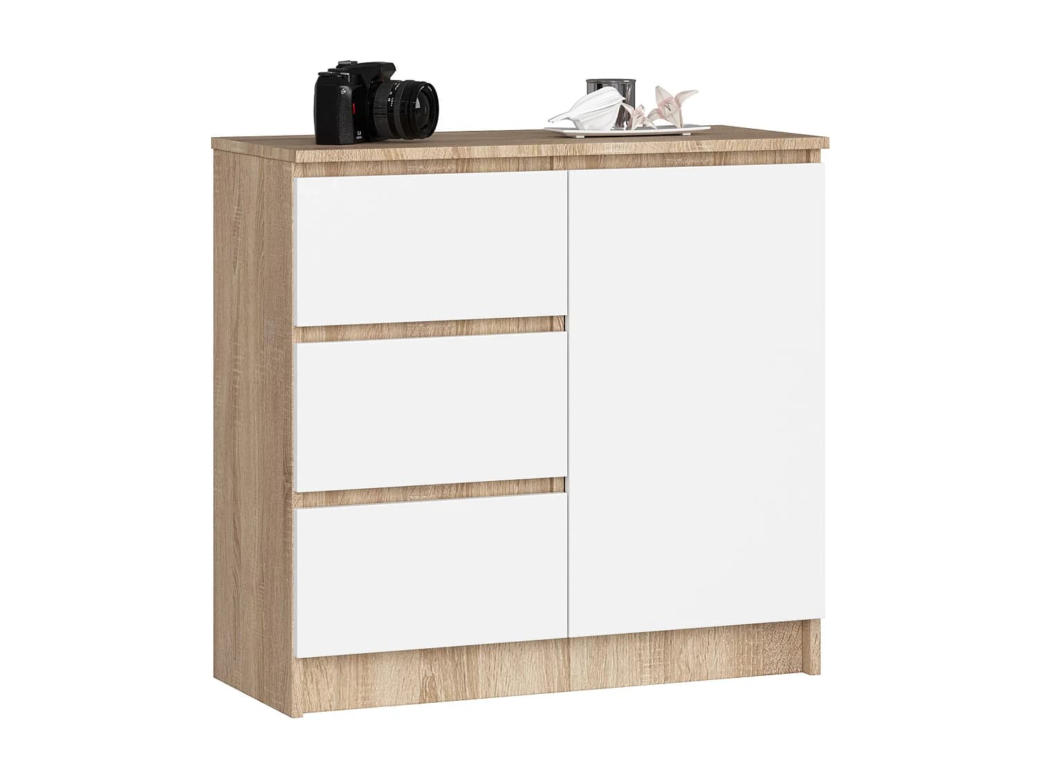 Commode AKORD JERRY Chêne Sonoma 80 cm 1 porte 3 tiroirs façade Blanche 2 étagères 80x35x77 cm