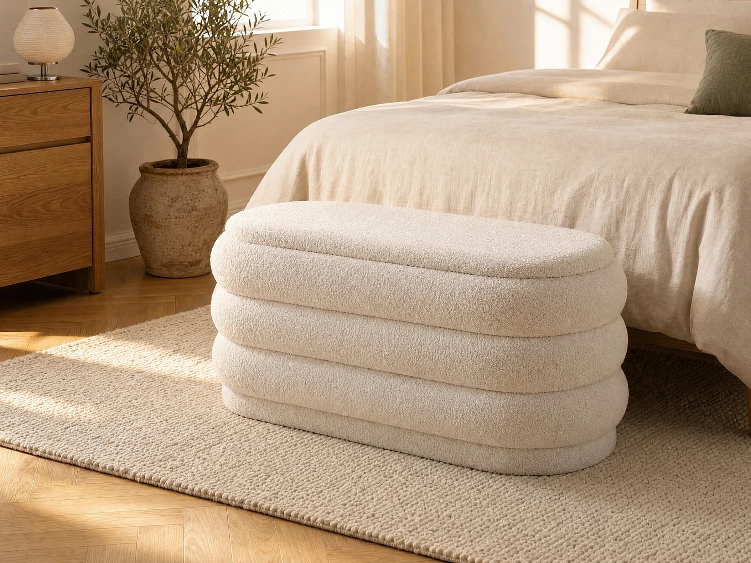 Banc coffre - Tissu bouclette - Blanc - ECAMBI