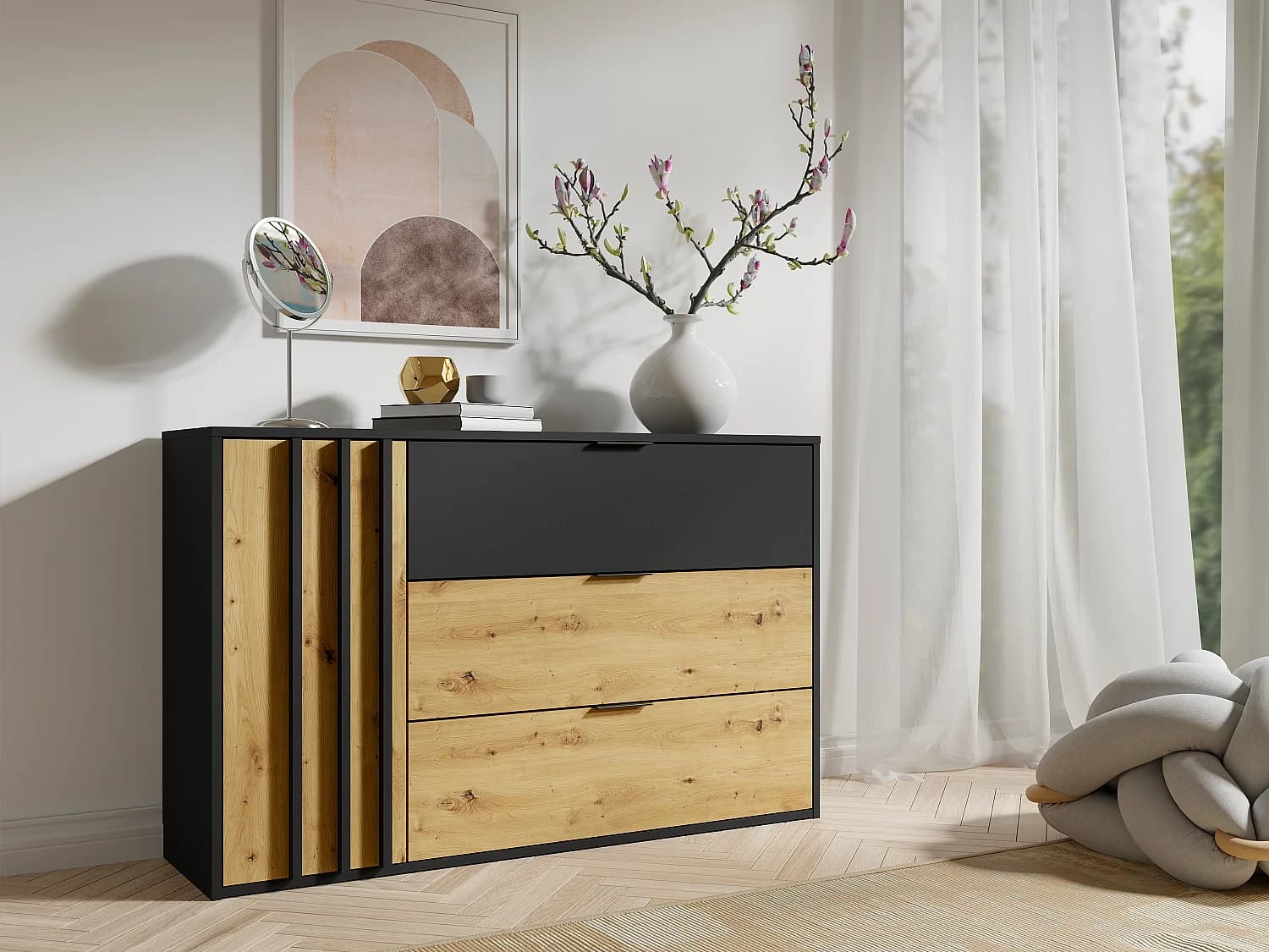 Commode 3 tiroirs et 1 porte - Noir et Naturel - TUNALO