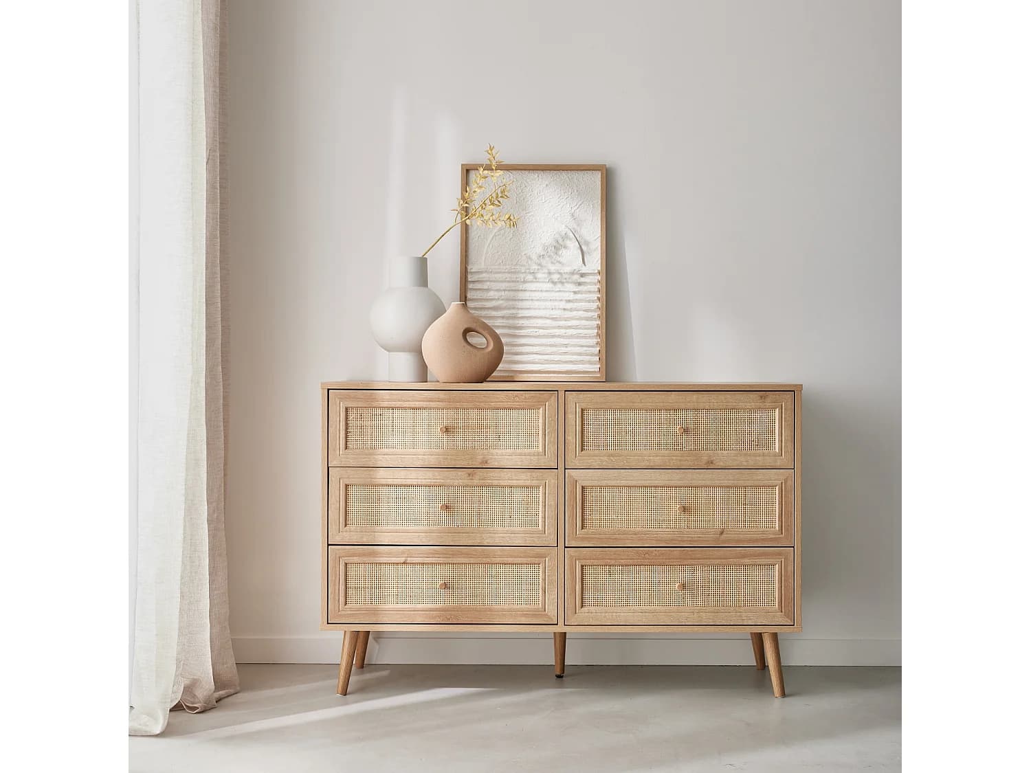Commode décor bois et cannage 6 tiroirs Bohème. couleur naturelle - 120x39x79cm