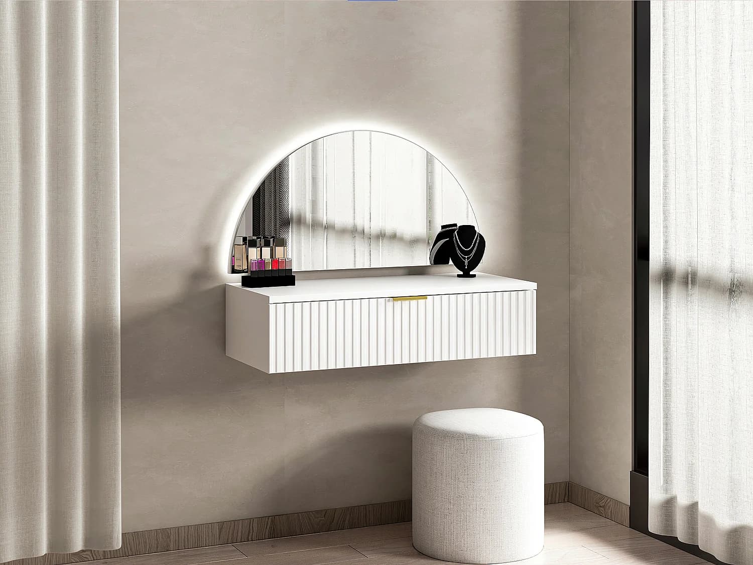 Coiffeuse suspendue avec miroir et LEDs - 1 tiroir - Blanc - FRALYN