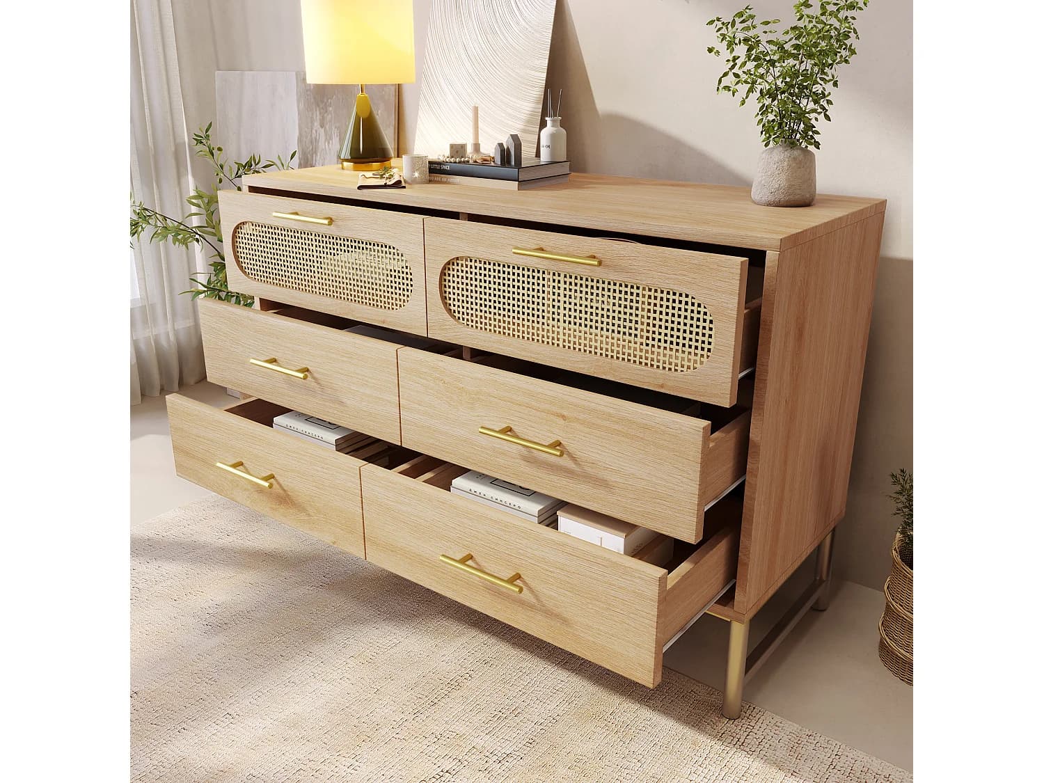 Commode en rotin avec 6 tiroirs, pour salon et chambre, poignées en métal, anti-basculement, 120 x 40 x 74 cm, chêne Sonoma