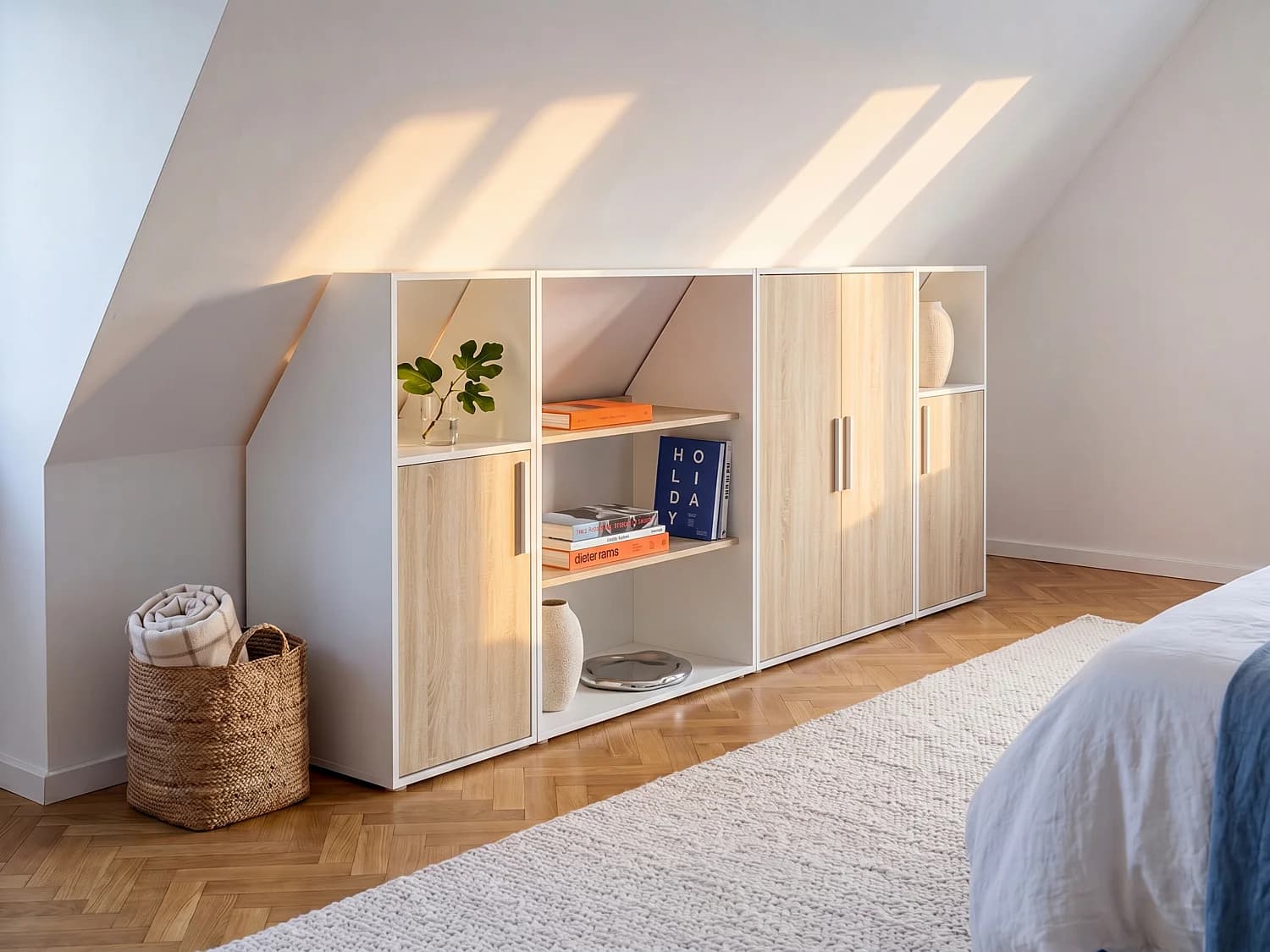 Meuble sous pente 4 portes, 2 étagères et 2 niches - Blanc et naturel - ADEZIO