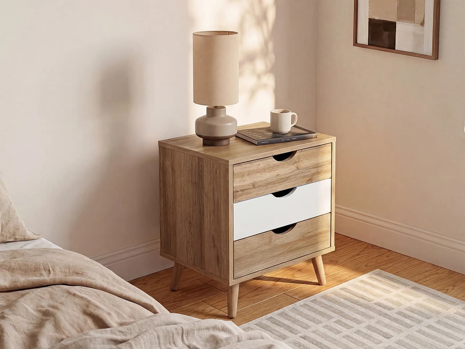 Lot de 2 tables de chevet avec 3 tiroirs - Coloris : Naturel et blanc - LURVIA