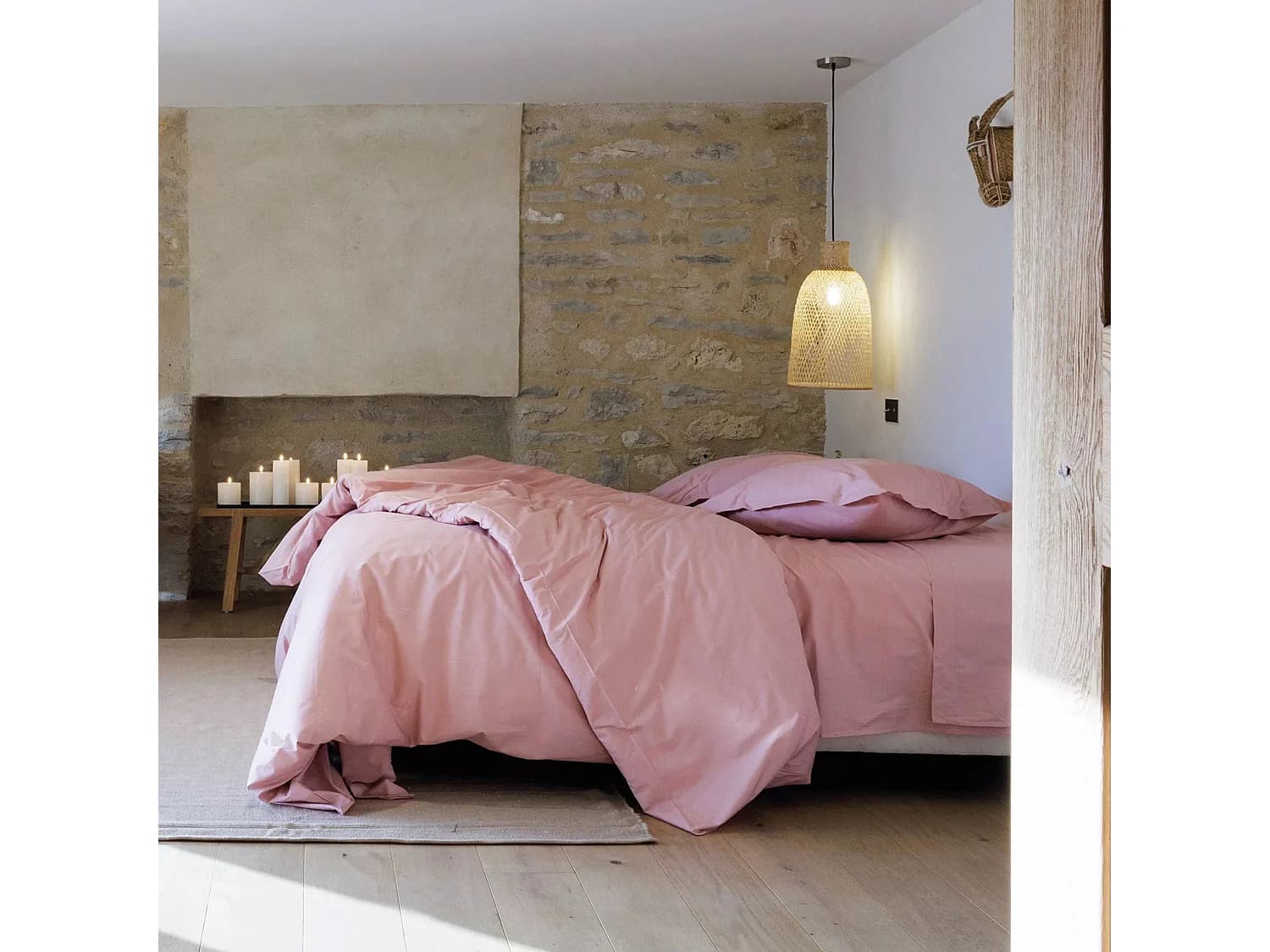 Parure de lit 280x240 cm et taie 65x65 cm percale MANOIR Rose