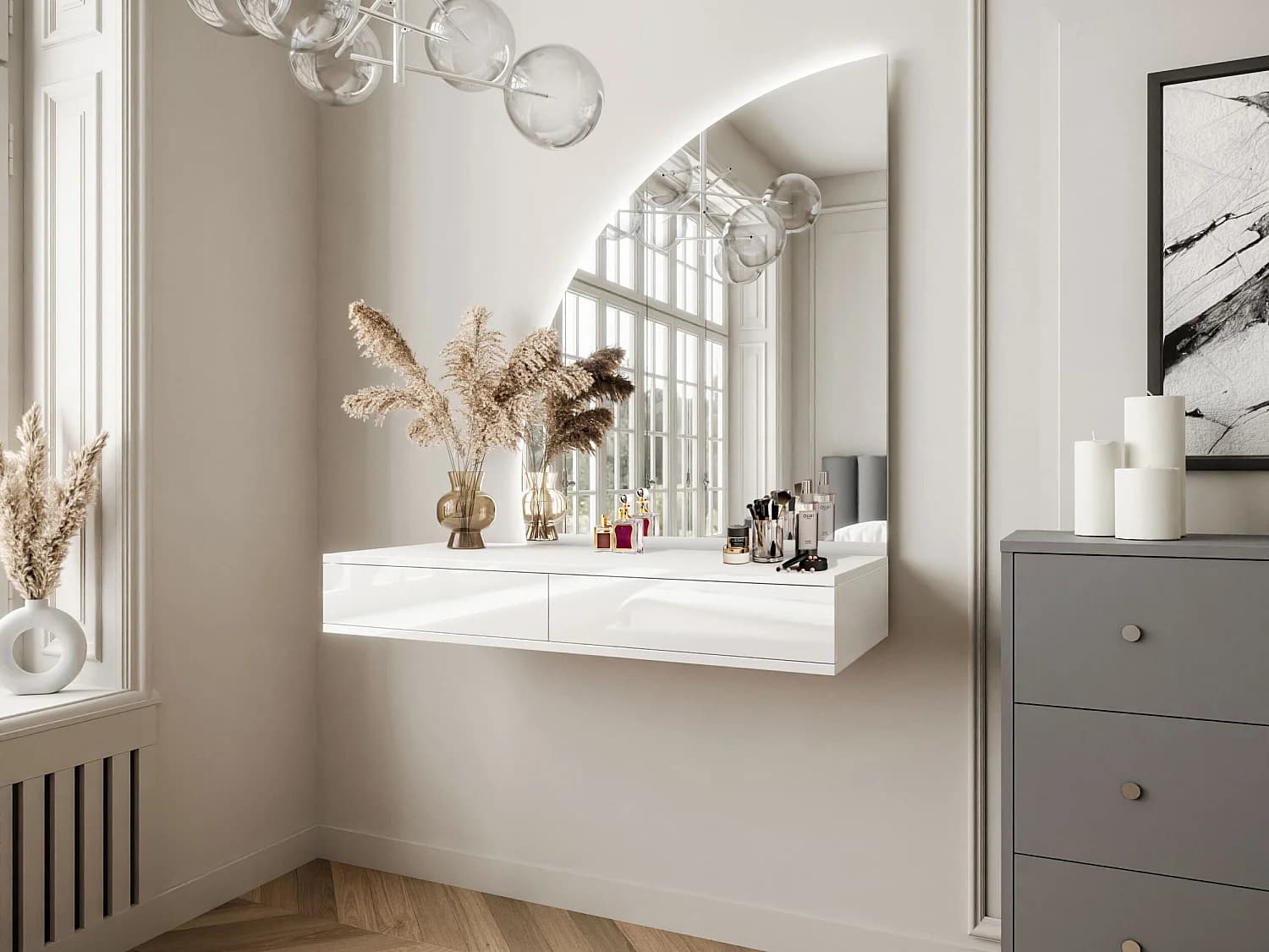 Coiffeuse suspendue avec miroir à LEDs - 2 tiroirs - Blanc brillant - JINEZA
