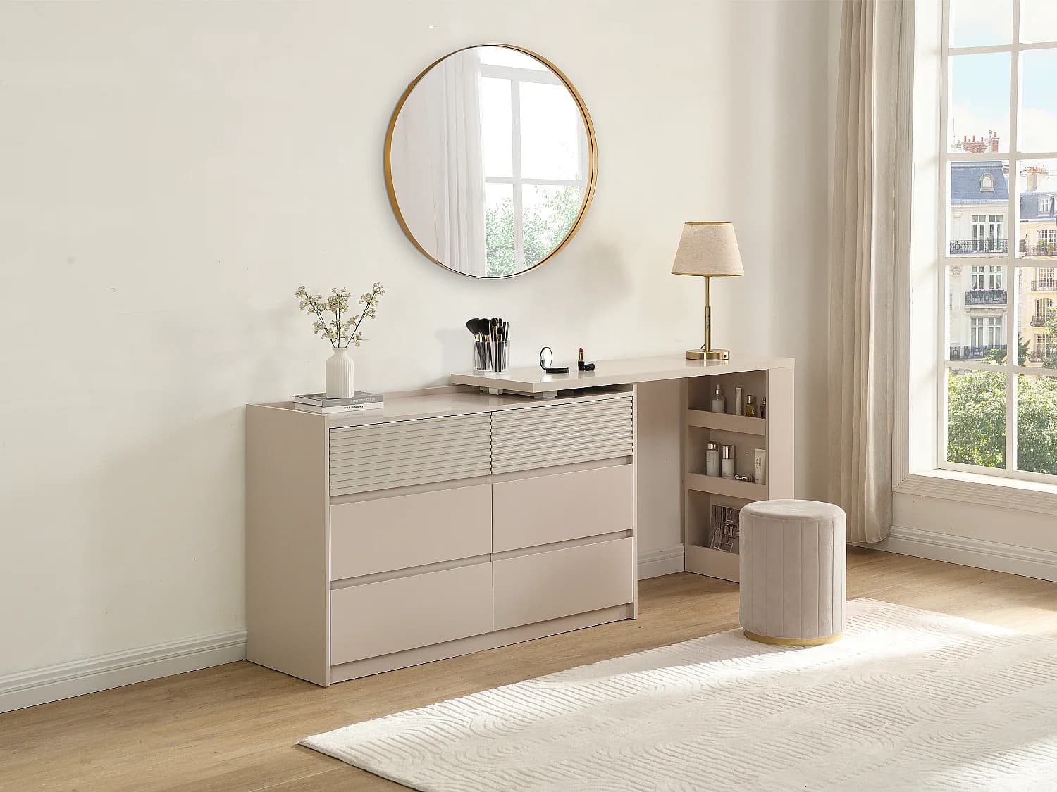 Commode coiffeuse 6 tiroirs et 3 niches – Beige – BOPANIA
